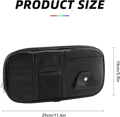 Car Sun Visor Organizer, Multi-Pocket PU Leather Sunglass Holder and Storage Pocket with Net Zipper, Card Sleeve Pocket Organizer, Auto Interior Accessories for Vehicle, Truck, SUV (Black)