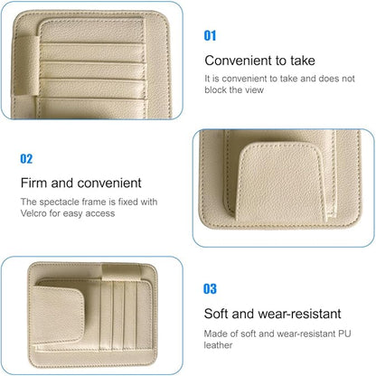 Car Sun Visor Organizer, PU Leather Vehicle Visor Document Storage Pocket for Sunglass Card Pen, Multifunctional Automotive Interior Holder Accessories, Universal Fit (Beige)