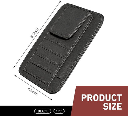 Small Leather Car Sun Visor Organizer, 4.9" x 6.1" Multifunctional Strap-On Document Sunshade Storage Holder for Card Pen Sunglasses License, Universal for Most Cars Trucks SUVs (Black)