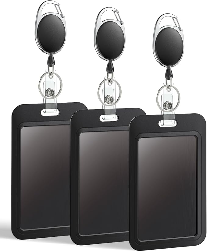 Uniclife 3 Pack Sliding Badge Holder Hard Black Vertical Plastic Card Case Protector with Retractable Badge Reel Carabiner for Office School ID Credit Proximity Key Card Driver’s License and Pass