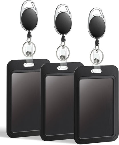 Uniclife 3 Pack Sliding Badge Holder Hard Black Vertical Plastic Card Case Protector with Retractable Badge Reel Carabiner for Office School ID Credit Proximity Key Card Driver’s License and Pass