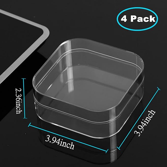 Clear Square Cube Acrylic Box 4 Packs With Lid - Transparent Storage Containers for Candy, Pills, and Tiny Jewelry - 4 x 4 x 2.4 Inch