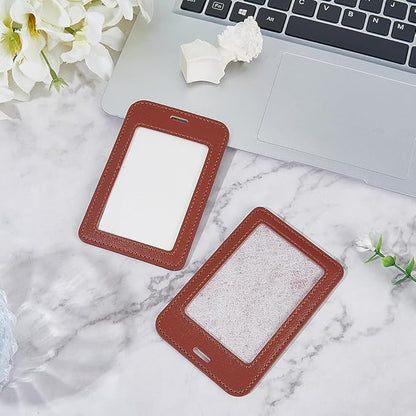 2PCS Brown PU Leather ID Card Case Vertical Sided Badge Holder Waterproof Leather Photocard Protector Name Badge Pouch with Clear Window for Office Staff Students School Driver's Licenses