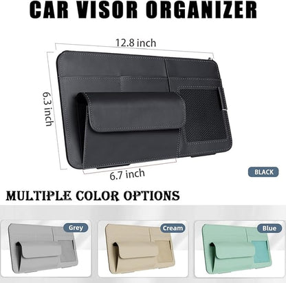 Car Visor Organizer, Multi-Pocket Sunvisor Storage with Sunglass Holder, Document Holder and Visor Card Clip, Fit for AUTO SUV & Truck, Leather Car Accessories Interior (Grey)