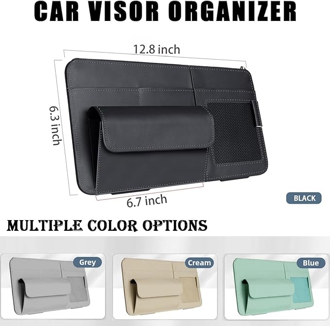 Car Visor Organizer, Multi-Pocket Sunvisor Storage with Sunglass Holder, Document Holder and Visor Card Clip, Fit for AUTO SUV & Truck, Leather Car Accessories Interior (Black)