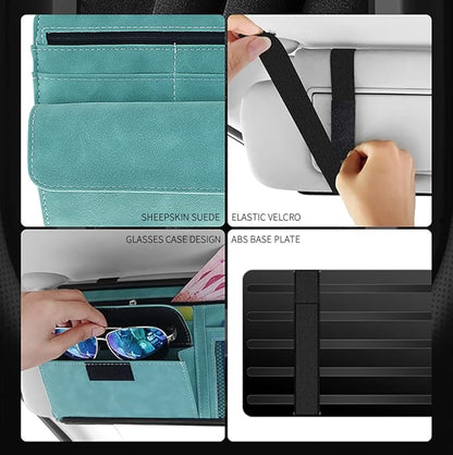 Car Sun Visor Organizer - Glasses Case, Note Holder, Suede Zipper, Card Holder - Gray