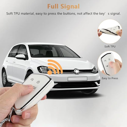 PIFOOG Key Fob Cover for VW Volkswagen ID4 Golf GTI R 2022 2023 Accessories TPU 5 Buttons Car Keys Case Shell Protector Bling Keychain Girly Women White Silver