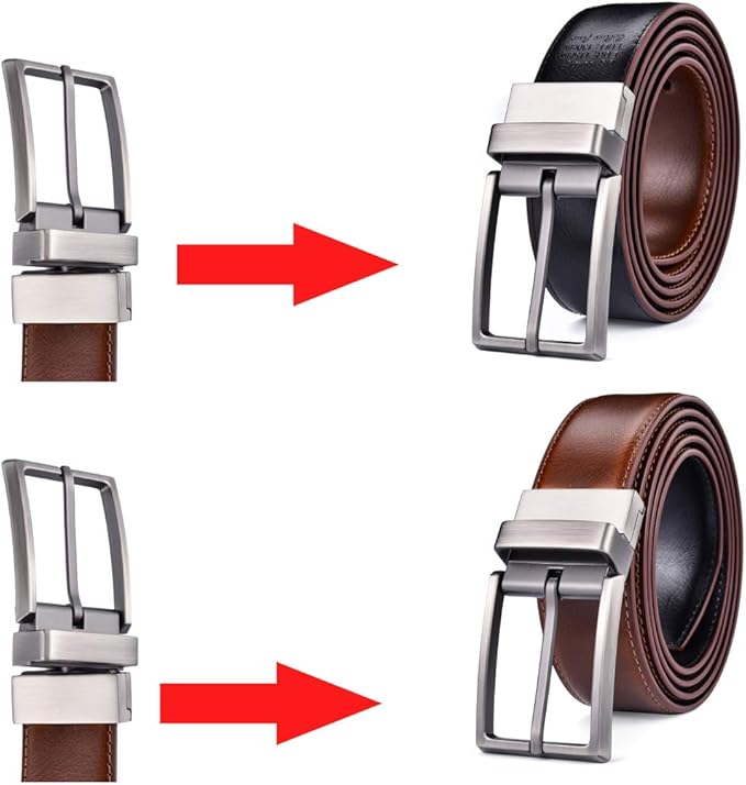 beltox fine Men's Dress Belt Leather Reversible 1.25" Wide Rotated Buckle Gift Box