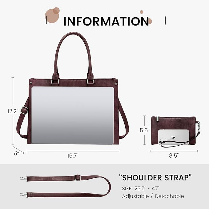 LOVEVOOK Laptop Tote Bag for Women, 15.6 Inch Large Capacity Vintage Leather Work Computer Bag, Business Casual Shoulder Handbag, Fuchsia