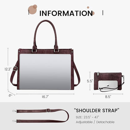 LOVEVOOK Laptop Tote Bag for Women, 15.6 Inch Large Capacity Vintage Leather Work Computer Bag, Business Casual Shoulder Handbag, Fuchsia