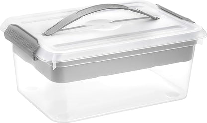 Yesland Stack & Carry Box with Removable Tray, 16 x 11 x 6.5 Inch Plastic Art Supply Storage Organizer Craft Storage Containers with Handle, Portable Organizer Bin for Stationery Sewing Jewelry, Grey