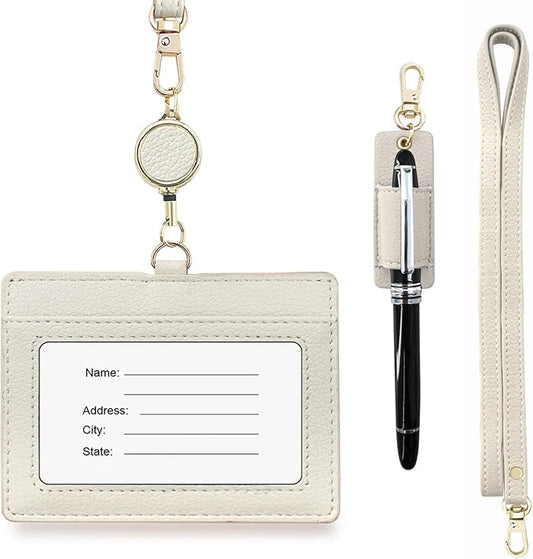 Office Badge Holder - Boshiho Genuine Leather Credit ID Card Holder with Stretch Neck Lanyard and Pen Clip, Gift Box (Horizontal-White)