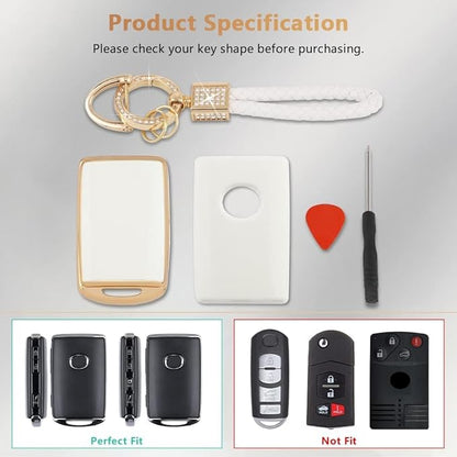 PIFOOG Key Fob Cover for Mazda 4 Buttons White Gold TPU Car Keys Case Shell Protector Bling Keychain Ring for Mazda 3 6 CX5 CX9 CX30 CX50 MX5 Smart Key Accessories Girly Women Cute