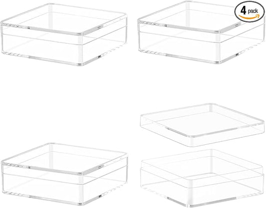 Clear Square Cube Acrylic Box 4 Packs With Lid - Transparent Storage Containers for Candy, Pills, and Tiny Jewelry - 4 x 4 x 2.4 Inch