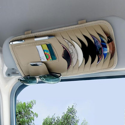 Car Sun Visor Pocket Organizer, Car CD or DVD Holder Storage Case, Multi-Pocket Visor Organizer Storage Pouch, Glasses Clip Storage Bag, Auto Interior Accessories Pocket Organizer (Beige)