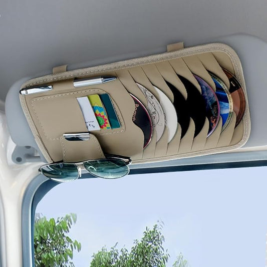 Car Sun Visor Pocket Organizer, Car CD or DVD Holder Storage Case, Multi-Pocket Visor Organizer Storage Pouch, Glasses Clip Storage Bag, Auto Interior Accessories Pocket Organizer (Beige)