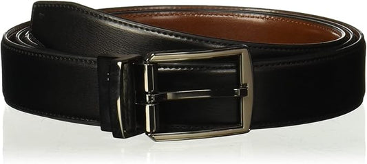 Perry Ellis Men's Portfolio Hi-lo Reversible Leather Dress Belt, Matte Finish, Stitched Edges Silver Prong Buckle, 1.5” Width
