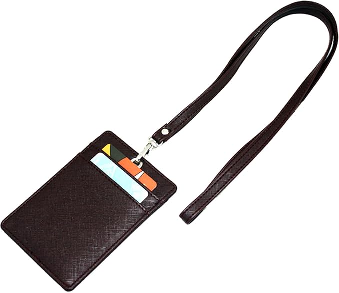 Boshiho Vertical Style Leather ID Card Badge Holder with Heavy Duty Lanyard (Brown 2)