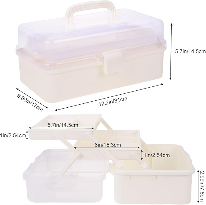 Plastic Tool Box with Handle 3-Layer Craft Organizers Tackle Box Multipurpose Portable Folding Toolbox for Sewing Supplies, Medicine, Art Supplies, Nails and Hair Accessories White 12.5inch