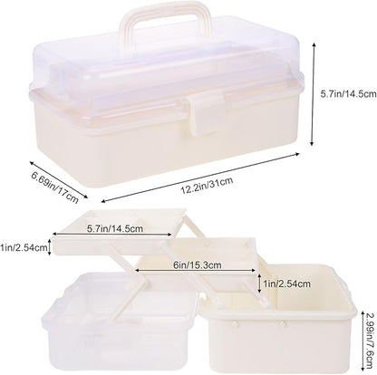 Plastic Tool Box with Handle 3-Layer Craft Organizers Tackle Box Multipurpose Portable Folding Toolbox for Sewing Supplies, Medicine, Art Supplies, Nails and Hair Accessories White 12.5inch