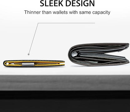 GSOIAX Men's Slim RFID Blocking Leather Wallet with Money Clip | Minimalist Carbon Fiber Bifold Credit Card Holder | 11 Card Slots | Gift Box Included(Carbon Yellow)