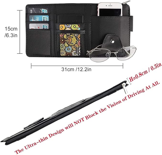 Black Leather Car Sun Visor Organizer, Sunglasses Holder for Car Sun Visor, Auto Visor Storage Document Holder with Multi Pocket