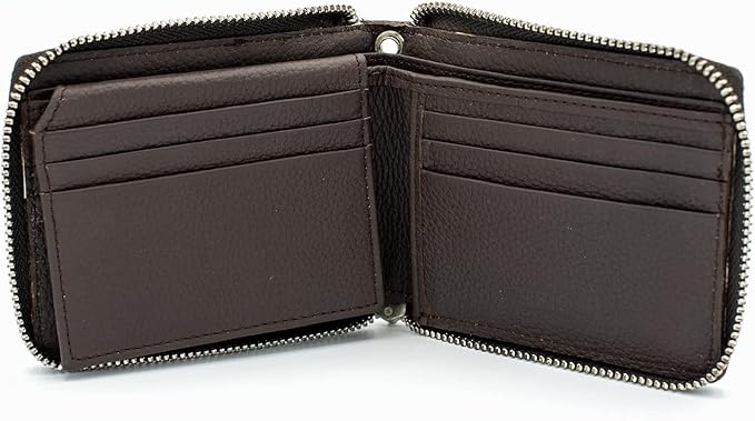 RFID Safe Leather Bi-fold Chain Wallet for Men Zip around Purse for Women Biker's Trucker YKK Metal Zipper Closure Filp up window ID (Brown without Chain)