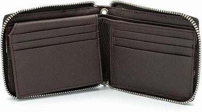 RFID Safe Leather Bi-fold Chain Wallet for Men Zip around Purse for Women Biker's Trucker YKK Metal Zipper Closure Filp up window ID (Brown without Chain)