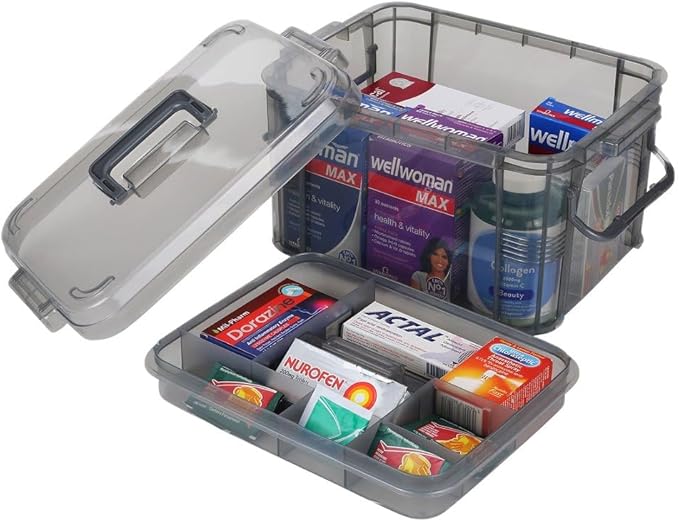 HEY FOLY 15qt Medicine Organizer Storage Box with Tray, Plastic First Aid Box Empty, Thickened Medicine Container Chest, Multipurpose Medical Case with Labels, Grey Medicine Caddy