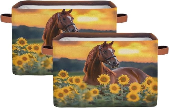 AUUXVA Animal Horse Sunflower Square Storage Basket Bin Canvas Fabric Compressible Organizer Basket with Handle for Bedroom Nursery Office, 2 PCS