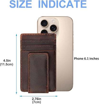 Leather Money Clip Front Pocket Wallets for Men RFID Blocking Strong Magnet Slim Wallet (Small Crazyhorse Brown)
