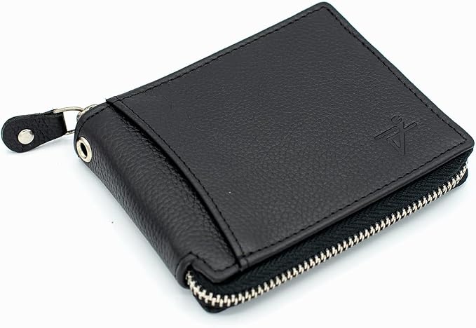 RFID Safe Leather Bi-fold Chain Wallet for Men Zip around Purse for Women Biker's Trucker YKK Metal Zipper Closure Filp up window ID (Black without Chain)