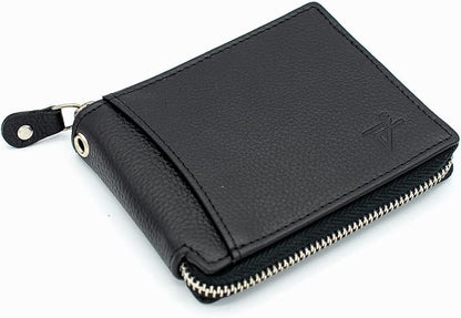 RFID Safe Leather Bi-fold Chain Wallet for Men Zip around Purse for Women Biker's Trucker YKK Metal Zipper Closure Filp up window ID (Black without Chain)