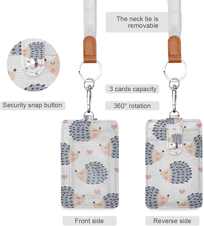 Qilmy Hedgehog ID Badge Holder Leather Credit Card Badge Holder with Lanyard for Boys Girls School Office Staff