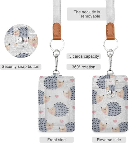 Qilmy Hedgehog ID Badge Holder Leather Credit Card Badge Holder with Lanyard for Boys Girls School Office Staff