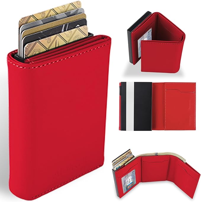 Small Wallet for Men-Pop Up Card Case,with Money Clip Slim Leather Slots Credit Card Holder RFID Blocking Trifold Minimalist Wallet with ID Window and Coin Purse(Red Small Wallet for Men Gift