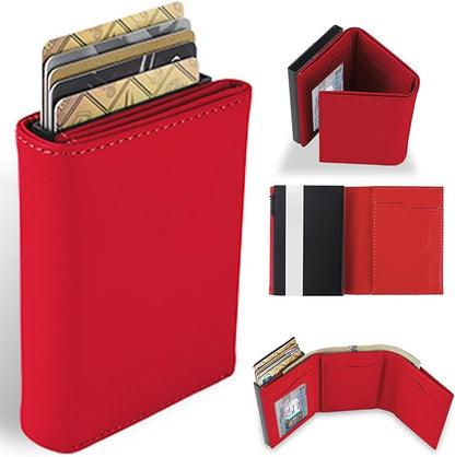 Small Wallet for Men-Pop Up Card Case,with Money Clip Slim Leather Slots Credit Card Holder RFID Blocking Trifold Minimalist Wallet with ID Window and Coin Purse(Red Small Wallet for Men Gift