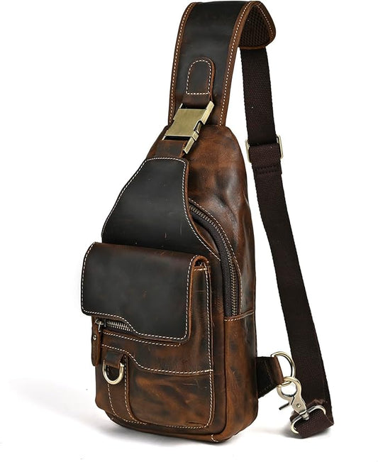 Genuine Leather Hiking Travel DayPack Sling Crossbody Triangle Chest Pack Bag For Men Women 8241 (8241 Brown)