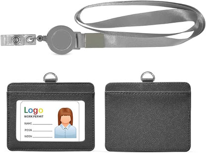HYCOPROT ID Badge Holder with Lanyard Heavy Duty Retractable PU Leather Vertical Horizontal ID Card Holders with 1 Clear ID Window & 1 Credit Card Slot for Office Driver Licence (Horizontal, Grey)