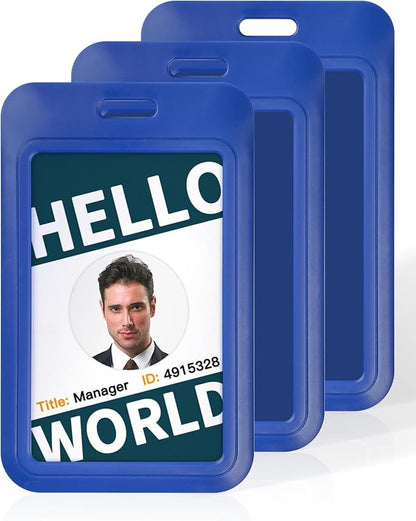 Uniclife 3 Pack Sliding ID Badge Holder Vertical Hard Plastic Case with Clear Window Blue Card Protector Pouch for Office School ID Credit Cards Proximity Key Cards Driver’s Licenses and Passes