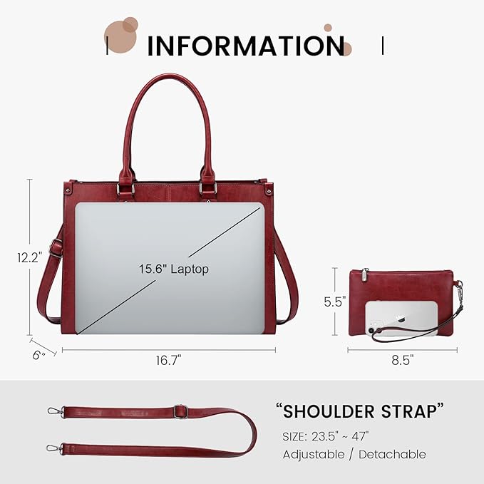 LOVEVOOK Laptop Tote Bag for Women, 15.6 Inch Large Capacity Vintage Leather Work Computer Bag, Business Casual Shoulder Handbag, Dark Red