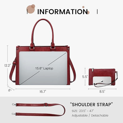 LOVEVOOK Laptop Tote Bag for Women, 15.6 Inch Large Capacity Vintage Leather Work Computer Bag, Business Casual Shoulder Handbag, Dark Red