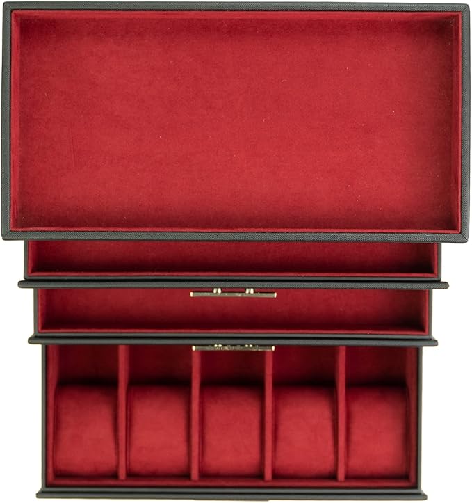 Multi-Purpose 3-Tier Faux Leather 5-Watch and Jewelry Box Organizer, Valet Tray for Necklaces, Earrings, Bracelets and rings (Blossom Life)