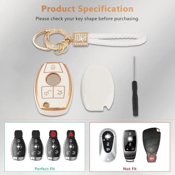 PIFOOG for Mercedes Key Fob Cover TPU Key Case Soft Car Keys Protector Fit Mercedes Benz AMG C E M S CLS CLA GLK GLA GLC GLE Smart Remote Key Keychain Girly Women White Gold
