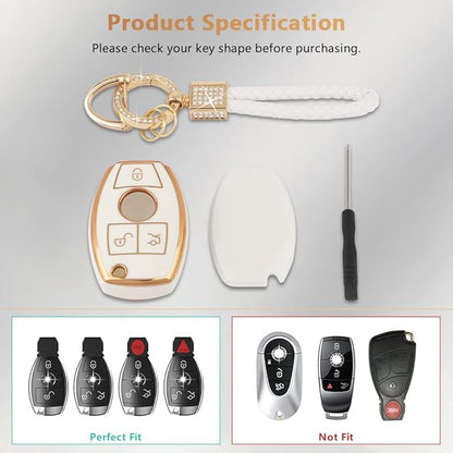 PIFOOG for Mercedes Key Fob Cover TPU Key Case Soft Car Keys Protector Fit Mercedes Benz AMG C E M S CLS CLA GLK GLA GLC GLE Smart Remote Key Keychain Girly Women White Gold