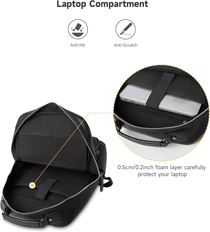 MOYYI Black Leather Backpack for Men Waterproof Fit 15.6 inch Laptop Backpack Work Commute Casual Daypack