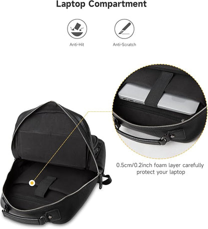MOYYI Black Leather Backpack for Men Waterproof Fit 15.6 inch Laptop Backpack Work Commute Casual Daypack