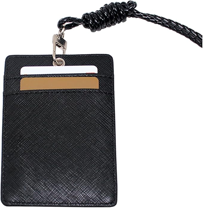 Boshiho Vertical Style Leather ID Card Badge Holder with Heavy Duty Lanyard (Black)