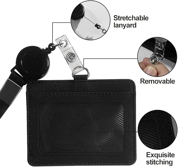 HYCOPROT ID Badge Holder with Lanyard Heavy Duty Retractable PU Leather Vertical Horizontal ID Card Holders with 1 Clear ID Window & 1 Credit Card Slot for School (Horizontal, Orange)