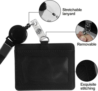 HYCOPROT ID Badge Holder with Lanyard Heavy Duty Retractable PU Leather Vertical Horizontal ID Card Holders with 1 Clear ID Window & 1 Credit Card Slot for Office School (Horizontal, Sky Blue)